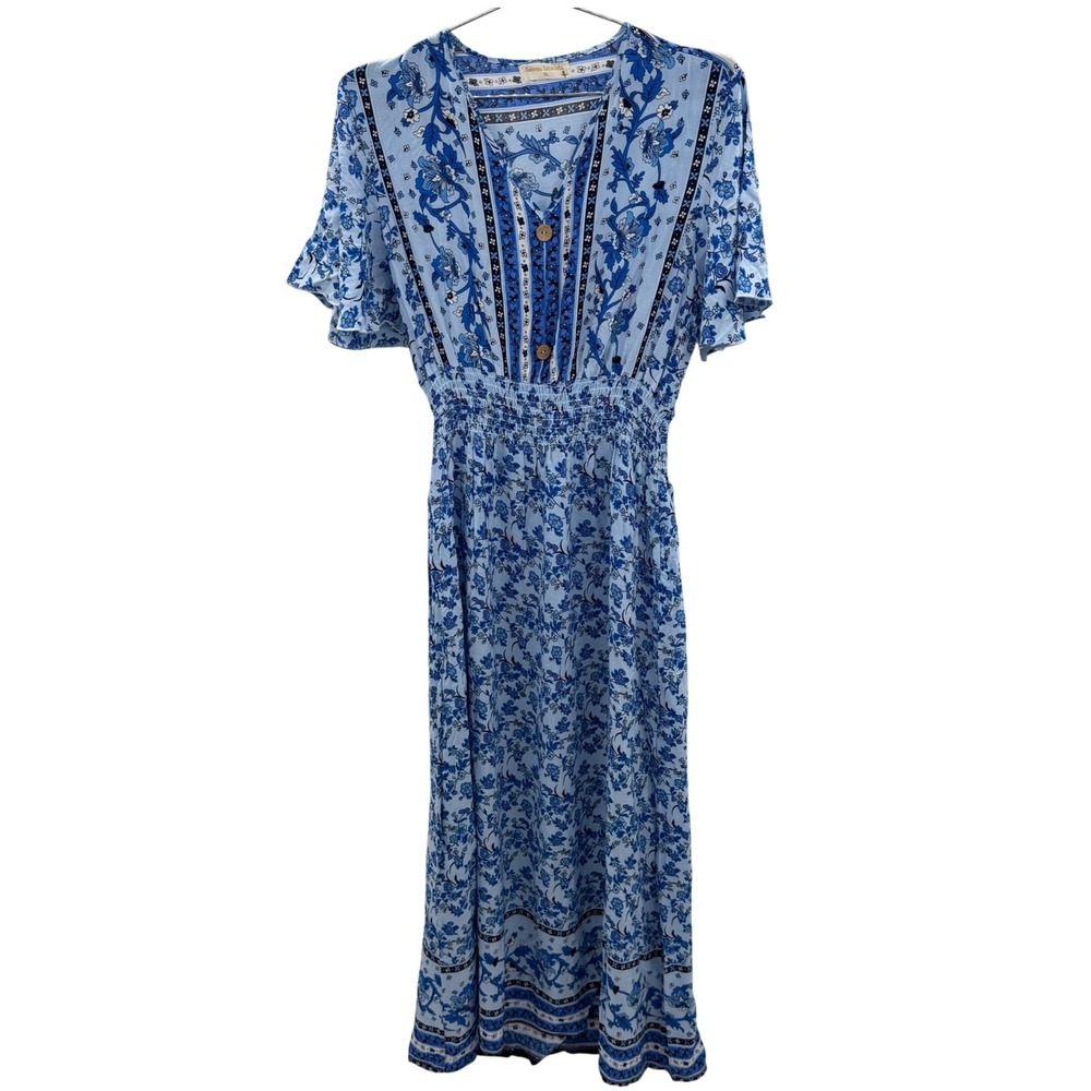 Seven Islands Blue‎ Floral Boho Maxi Dress XL Short Sleeve Smocked Waist Rayon